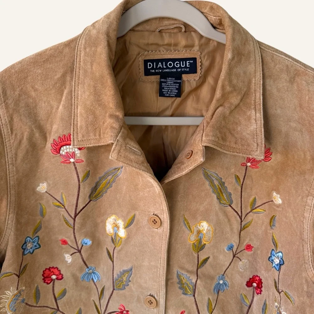 Vintage Dialogue Tan Suede Jacket Floral Embroidery Women's‎ Size - Picture 5 of 11